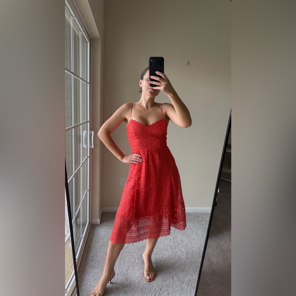J Crew Daisy Lace Dress XS 00 Orange Coral Midi Fit Flare Sleeveless wedding - Picture 5 of 16